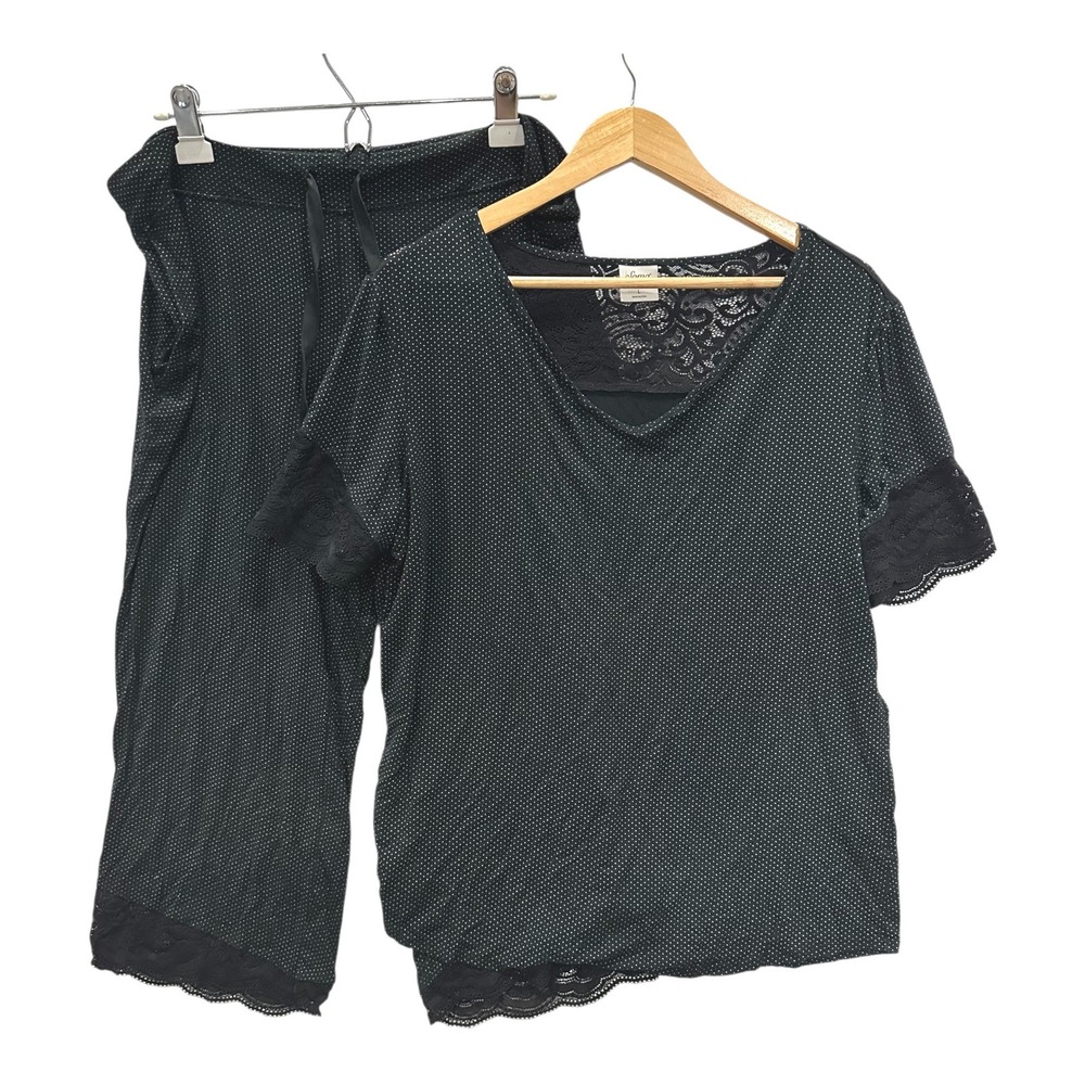 Soma Intimates Pajama Set Black Polka Dot Lace Trim V-Neck Top Crop Pants Large